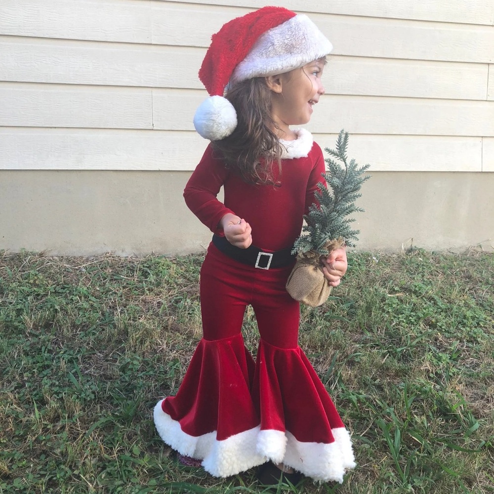 Girls Red Velvet Santa Outfit with White Trim with belt